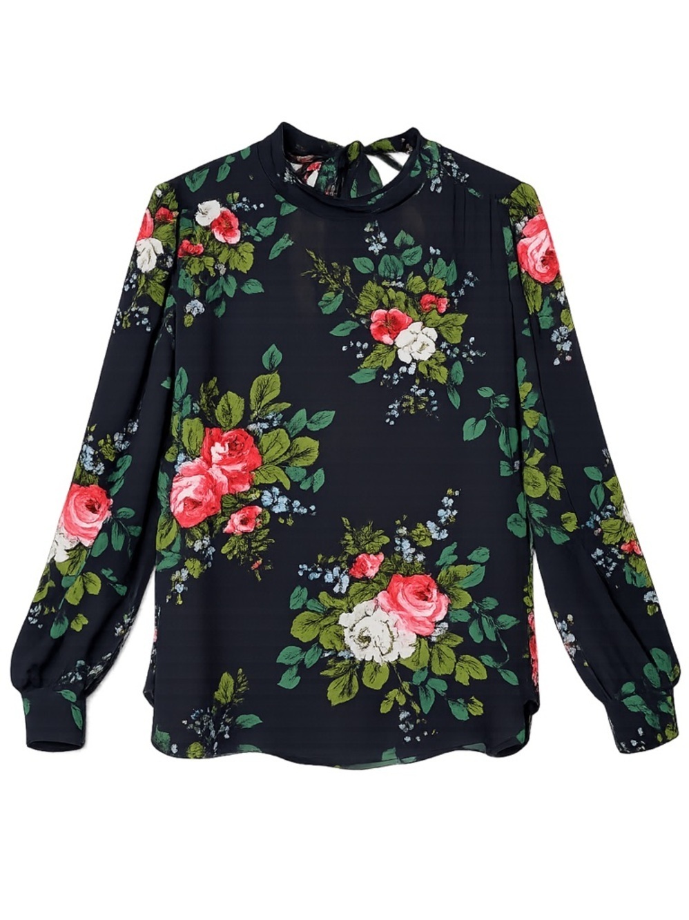 LOFT Floral Bouquet Tie Back Blouse Sz M Long Sleeve Floral Pullover